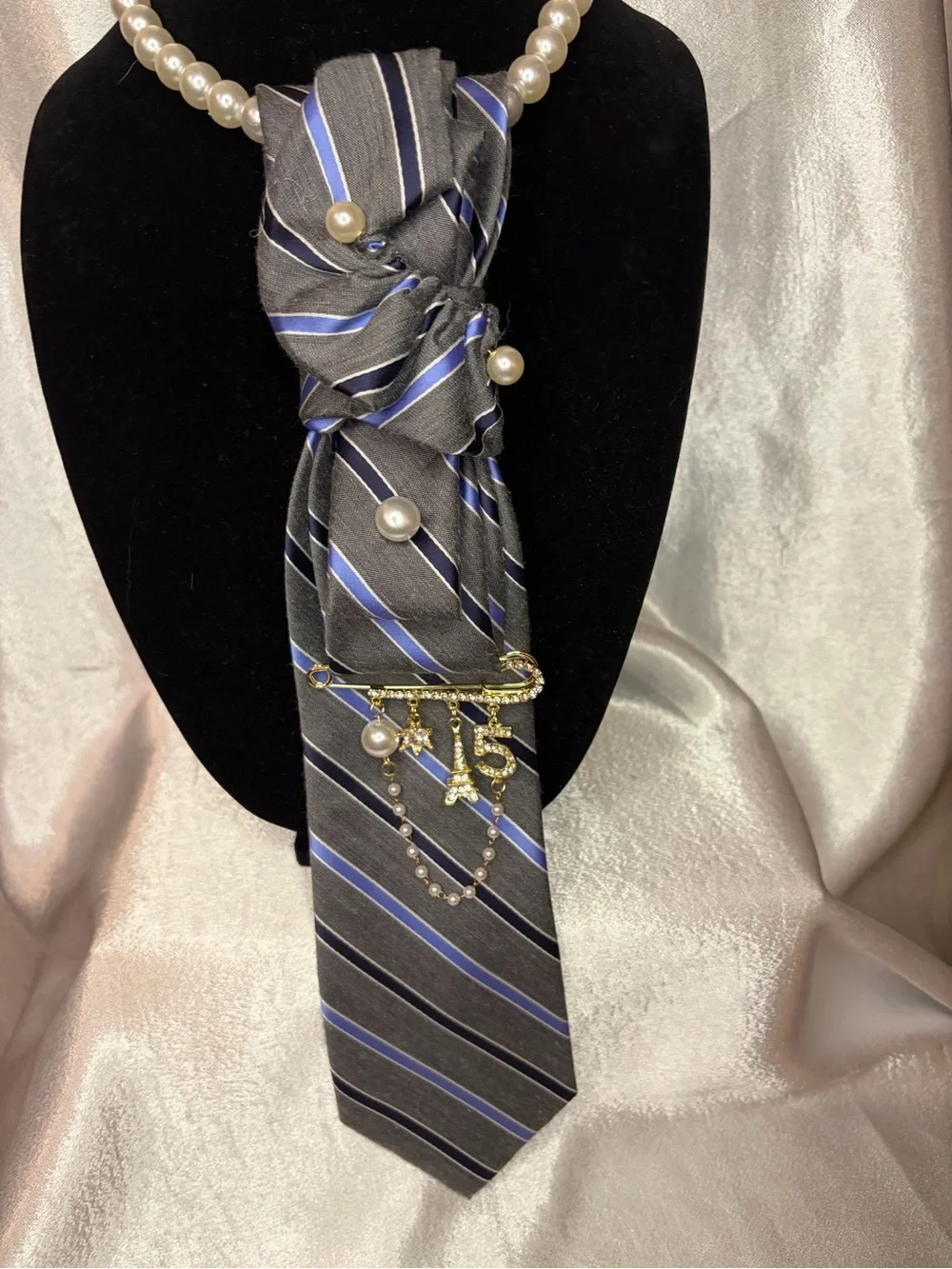 Jones New York Gray and Blue Striped Silk Tie Scarf with Pearl Accents